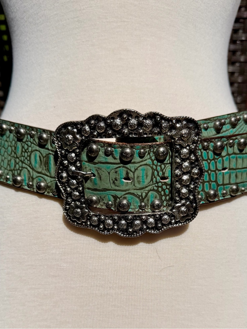 Turquoise Croc-Embossed Studded Western Belt with Buckle